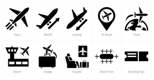 Un conjunto de 10 iconos de aeropuerto como aterrizaje de despegue de avión