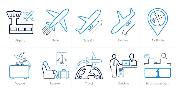 Un conjunto de 10 iconos de aeropuerto como despegue de avión de aeropuerto
