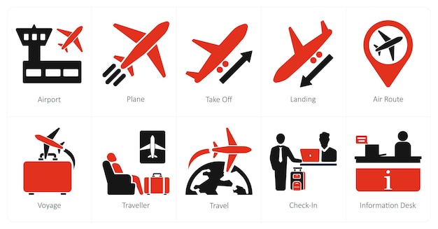 Un conjunto de 10 iconos de aeropuerto como despegue de avión de aeropuerto
