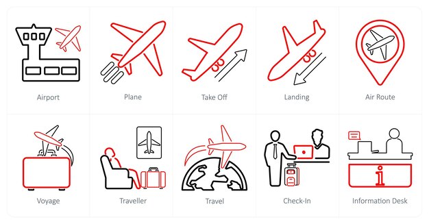 Un conjunto de 10 iconos de aeropuerto como despegue de avión de aeropuerto