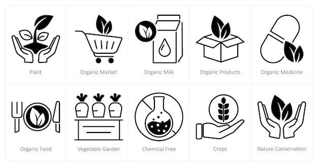 Un conjunto de 10 iconos de la agricultura ecológica como el mercado de la leche ecológica vegetal