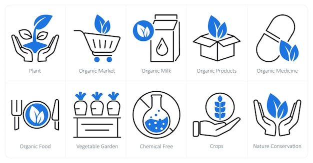 Un conjunto de 10 iconos de la agricultura ecológica como el mercado de la leche ecológica vegetal
