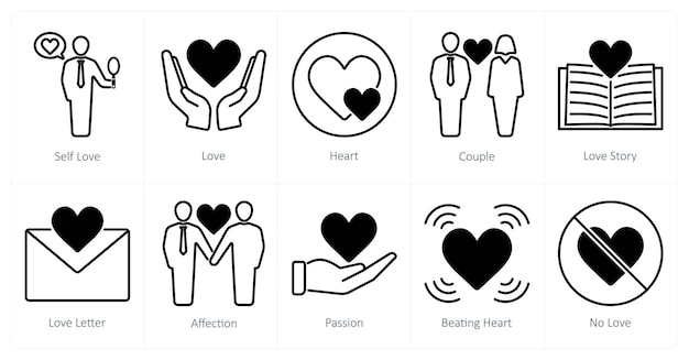 Un conjunto de 10 íconos de amor y romance como amor propio amor corazón