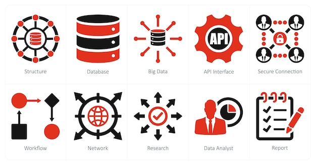Un conjunto de 10 iconos de análisis de datos como estructura de base de datos de grandes datos