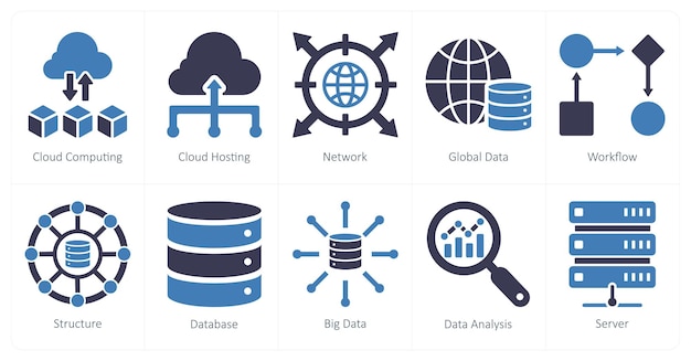 Un conjunto de 10 iconos de análisis de datos como red de alojamiento de computación en nube