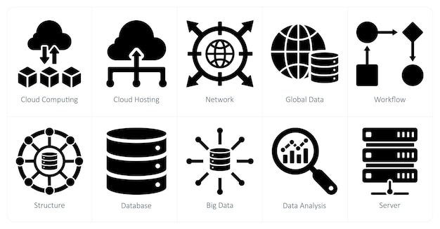 Un conjunto de 10 iconos de análisis de datos como red de alojamiento de computación en nube