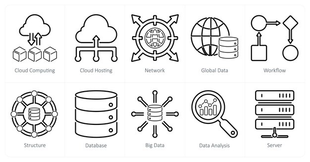 Un conjunto de 10 iconos de análisis de datos como red de alojamiento de computación en nube