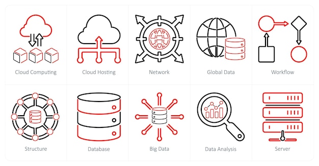 Un conjunto de 10 iconos de análisis de datos como red de alojamiento de computación en nube