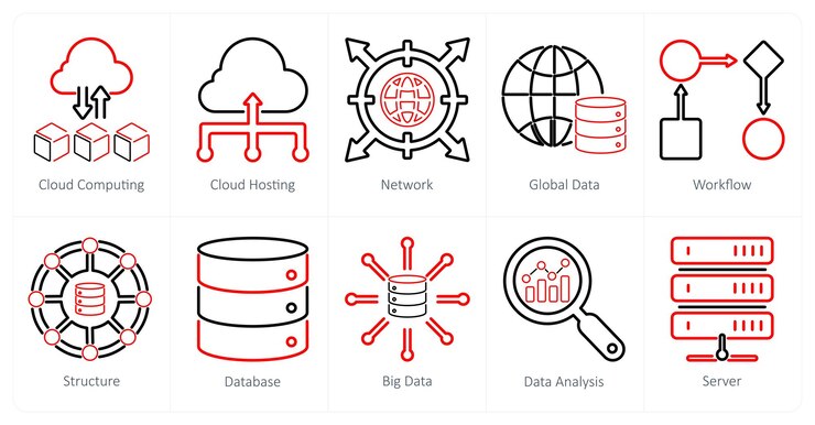 Vector un conjunto de 10 iconos de análisis de datos como red de alojamiento de computación en nube
