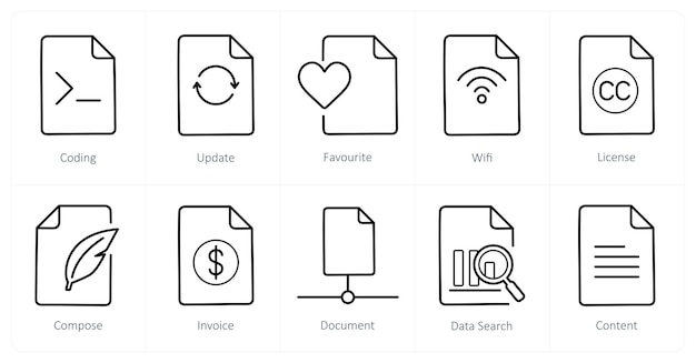 Un conjunto de 10 íconos de archivo como actualización de codificación favorita