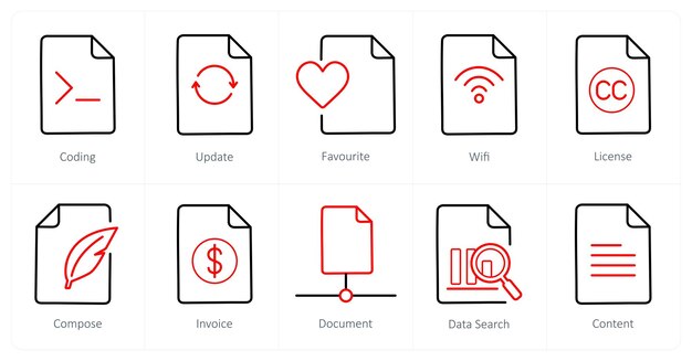 Un conjunto de 10 íconos de archivo como actualización de codificación favorita