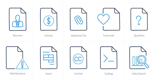 Un conjunto de 10 íconos de archivo como archivo adjunto de factura de reanudación