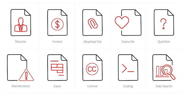 Un conjunto de 10 íconos de archivo como archivo adjunto de factura de reanudación
