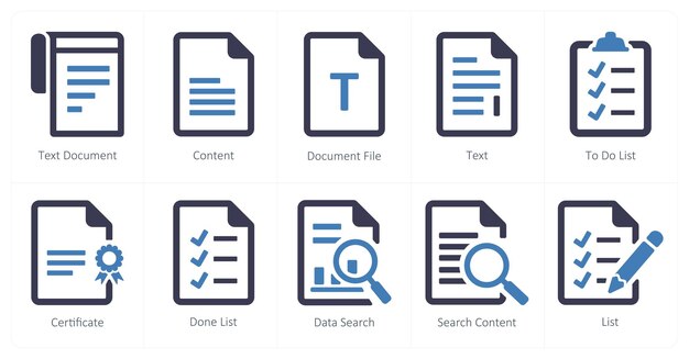 Un conjunto de 10 iconos de archivo como archivo de documento de contenido de documento de texto