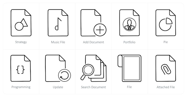 Un conjunto de 10 íconos de archivo como archivo de música de estrategia añadir documento