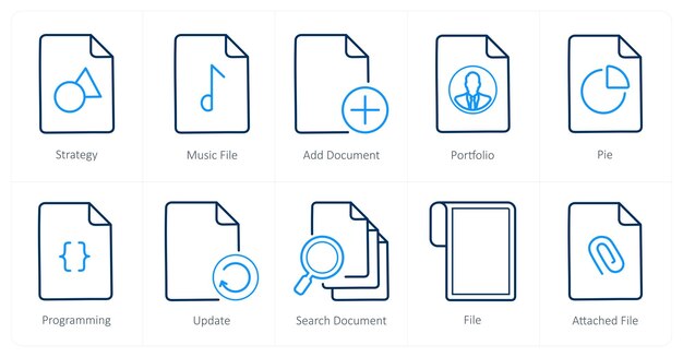 Un conjunto de 10 íconos de archivo como archivo de música de estrategia añadir documento