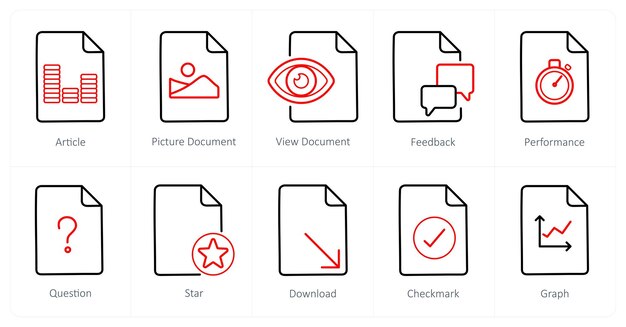 Un conjunto de 10 íconos de archivo como artículo imagen documento vista documento