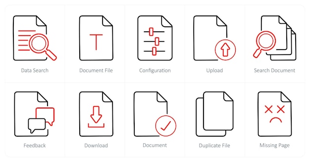 Un conjunto de 10 iconos de archivo como configuración de archivo de documento de búsqueda de datos