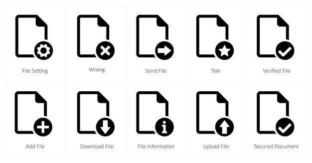 Un conjunto de 10 iconos de archivo como configuración de archivo incorrecto enviar archivo