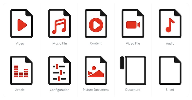 Un conjunto de 10 íconos de archivo como contenido de archivo de música de video