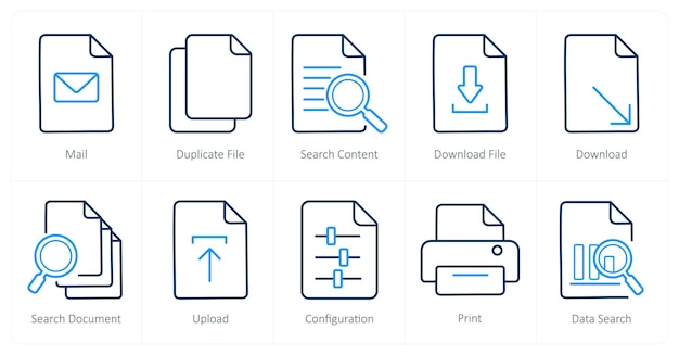 Un conjunto de 10 íconos de archivo como contenido de búsqueda de archivos duplicados de correo