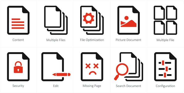 Vector un conjunto de 10 íconos de archivo como contenido optimización de archivos múltiples