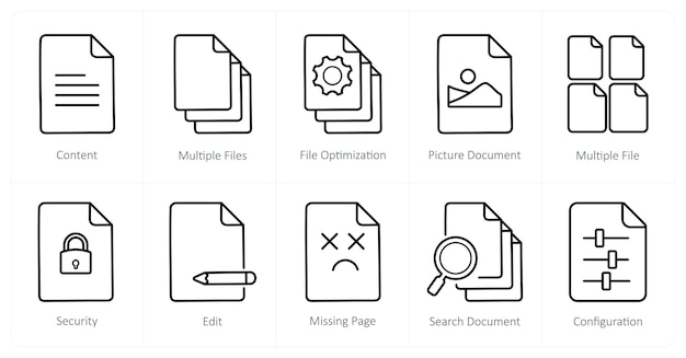 Un conjunto de 10 íconos de archivo como contenido optimización de archivos múltiples