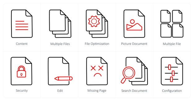 Un conjunto de 10 íconos de archivo como contenido optimización de archivos múltiples