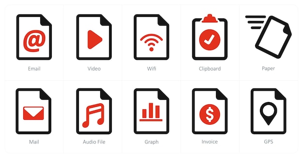 Un conjunto de 10 íconos de archivo como correo electrónico video wifi