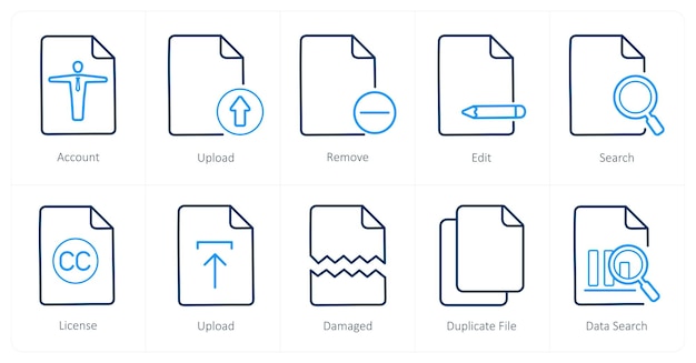 Un conjunto de 10 iconos de archivo como cuenta de carga y eliminación