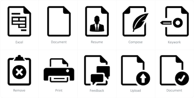 Un conjunto de 10 íconos de archivo como el currículum del documento de Excel