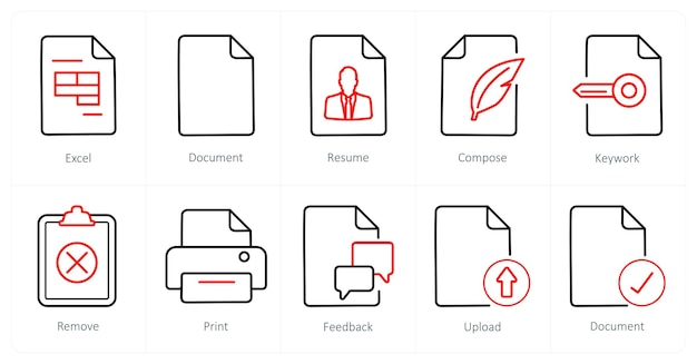 Un conjunto de 10 íconos de archivo como el currículum del documento de Excel