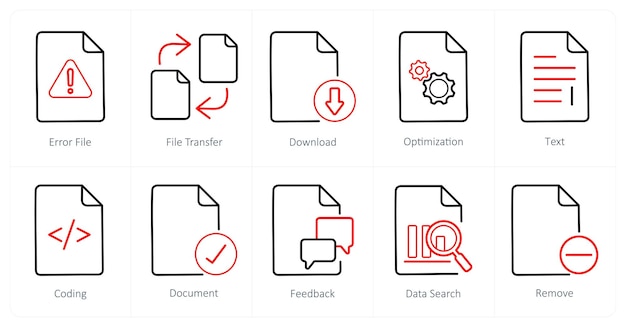 Un conjunto de 10 íconos de archivo como descarga de transferencia de archivo de error