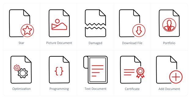Un conjunto de 10 íconos de archivo como documento de imagen de estrella dañado