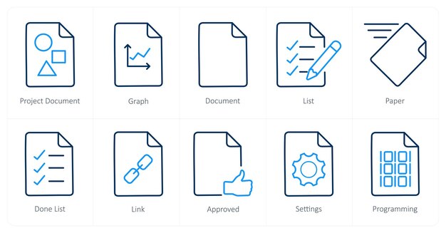 Un conjunto de 10 íconos de archivo como documento de proyecto documento gráfico