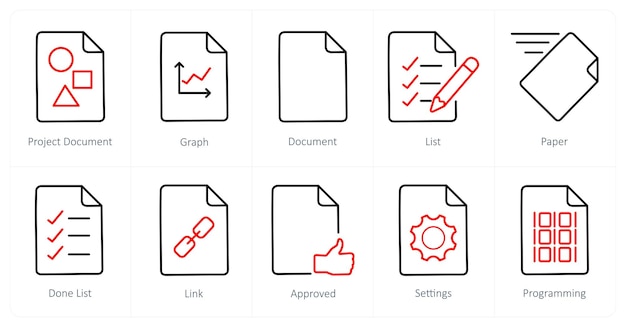 Un conjunto de 10 íconos de archivo como documento de proyecto documento gráfico