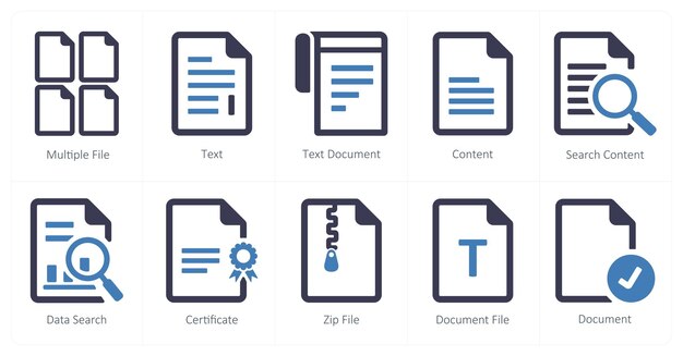 Un conjunto de 10 íconos de archivo como documento de texto de texto de archivo múltiple