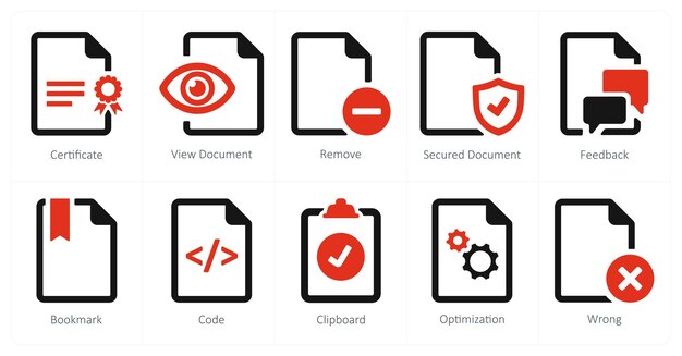 Un conjunto de 10 íconos de archivo como documento de vista del certificado eliminado