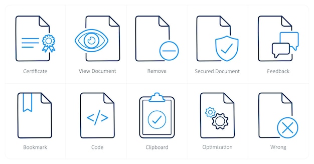 Un conjunto de 10 íconos de archivo como documento de vista del certificado eliminado