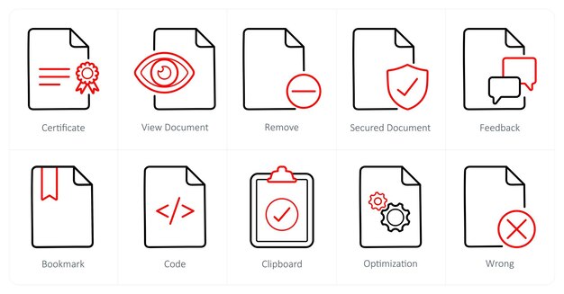 Un conjunto de 10 íconos de archivo como documento de vista del certificado eliminado