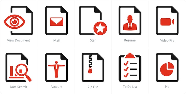 Un conjunto de 10 íconos de archivo como estrella de correo de documento de vista