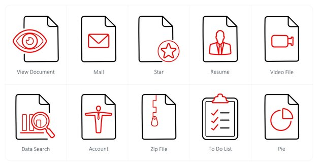 Un conjunto de 10 íconos de archivo como estrella de correo de documento de vista