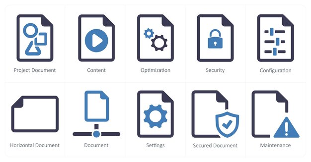 Un conjunto de 10 íconos de archivo como optimización del contenido del documento del proyecto