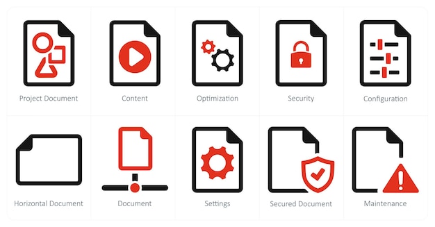 Un conjunto de 10 íconos de archivo como optimización del contenido del documento del proyecto