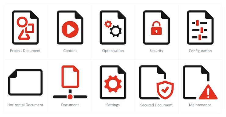 Vector un conjunto de 10 íconos de archivo como optimización del contenido del documento del proyecto