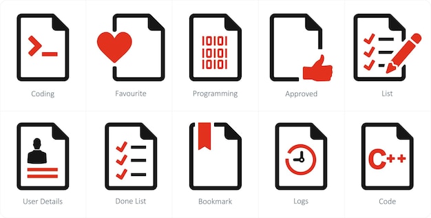 Un conjunto de 10 íconos de archivo como programación favorita de codificación
