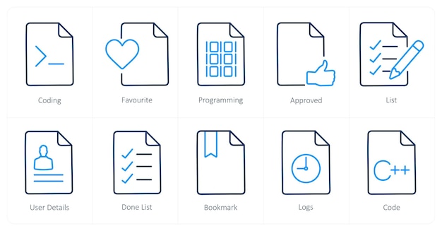 Un conjunto de 10 íconos de archivo como programación favorita de codificación