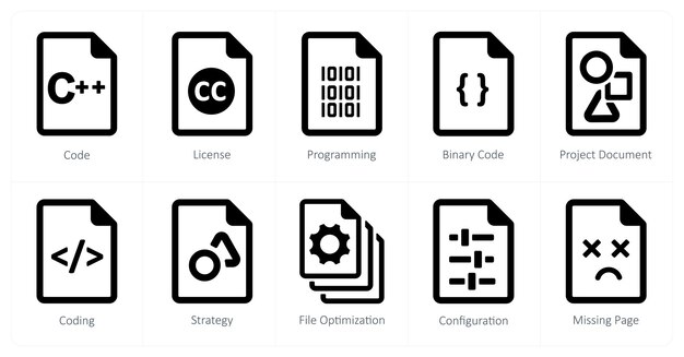 Un conjunto de 10 íconos de archivo como programación de licencia de código