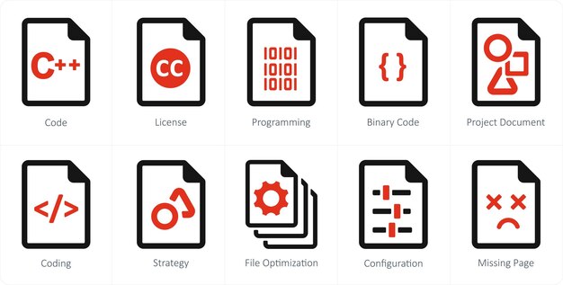 Un conjunto de 10 íconos de archivo como programación de licencia de código