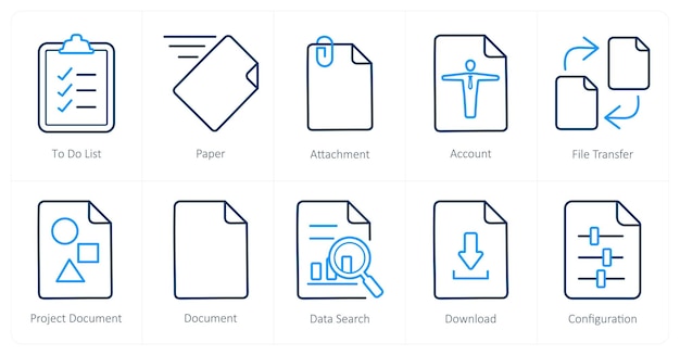 Un conjunto de 10 íconos de archivo para hacer una lista de documentos adjuntos